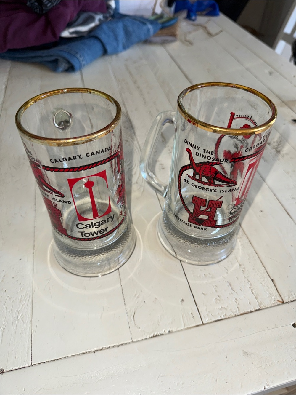 Vintage 70s Calgary Tower souvenir Gold-Rimmed Glass Mugs - Set of 2